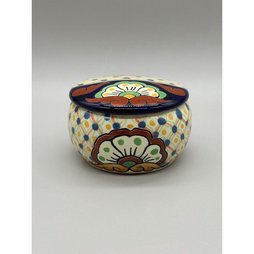 VTG Garay Mexican Talavera Lidded Trinket Box Jar Floral Hand Painted Lead Free